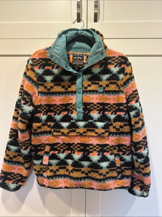 Billabong Jackets & Blazers - Billabong Teal, Pink & Black Patterned Zip-Up Sherpa Pullover